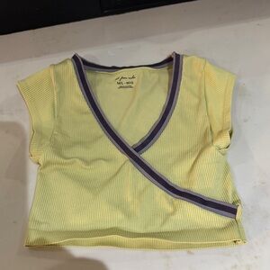 Urban Outfitters Yellow Ribbed Wrap Top with Purple Trim
